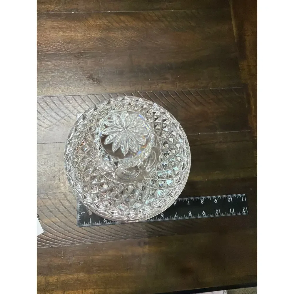 Vintage Clear Crystal Glass Large Covered Jar Diamond Point Lid Ball Finial
